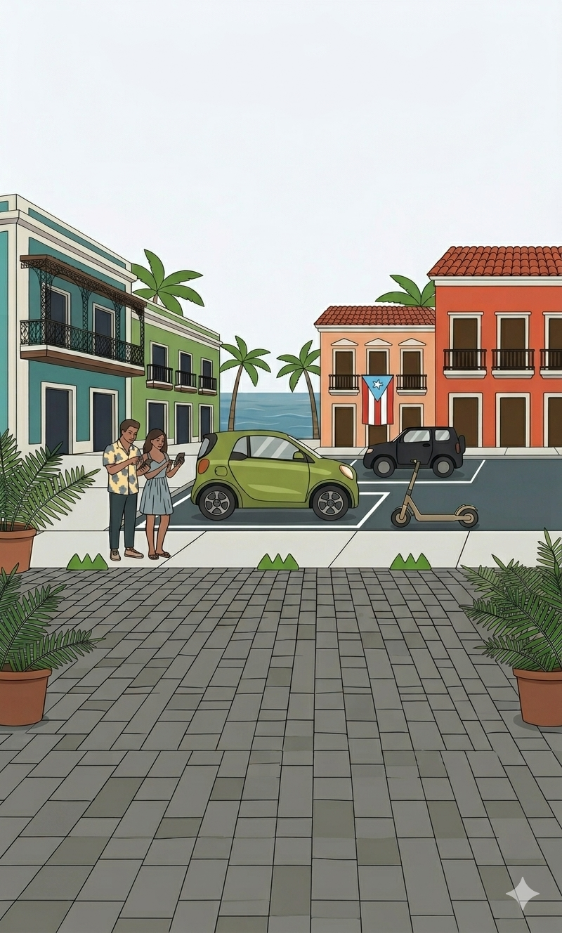 Escena de estacionamiento en el Viejo San Juan